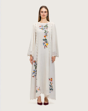 White Maxi Net Fabric Kaftan with Floral Embroidery